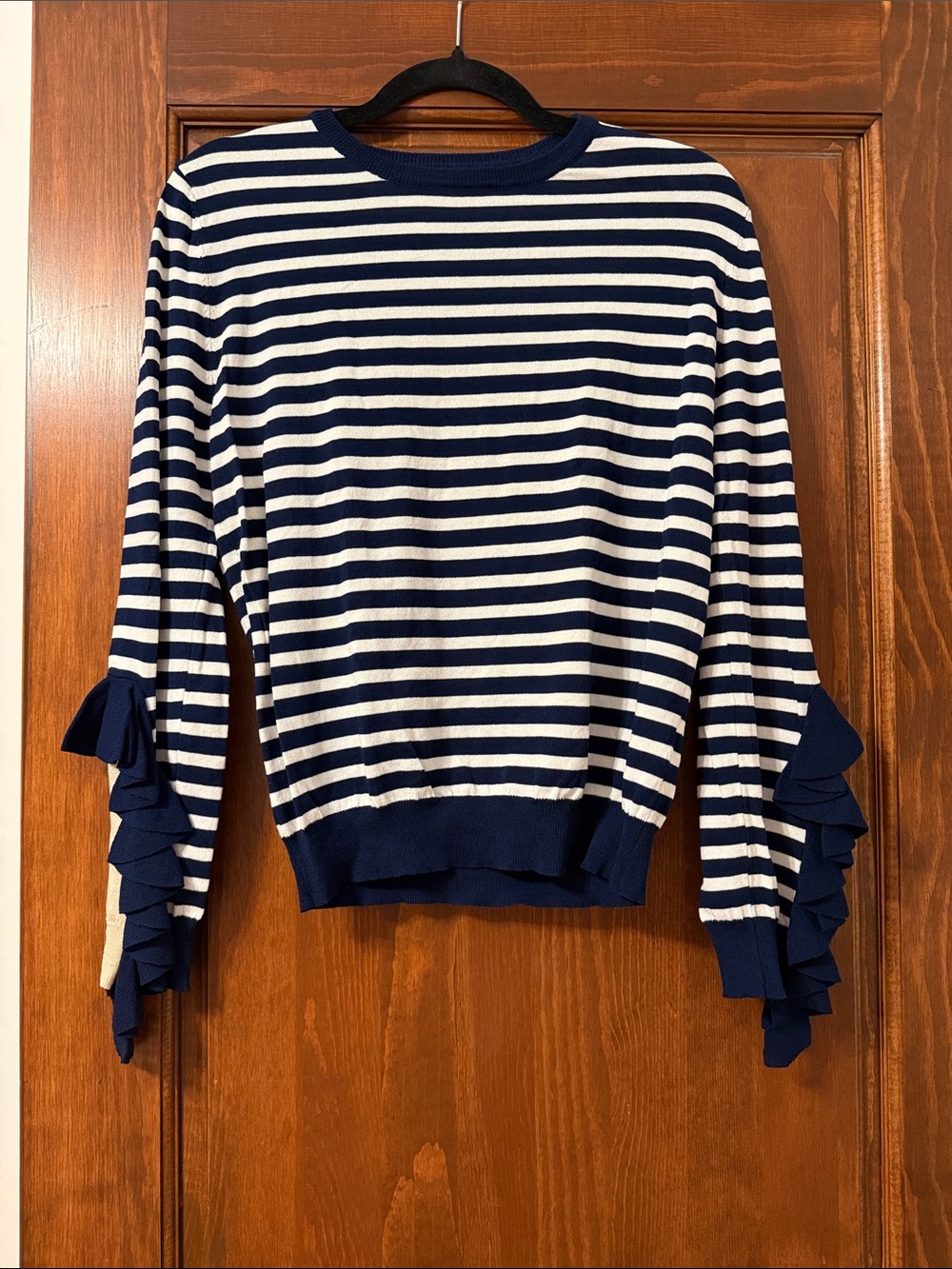 Beulah Navy and White Striped Ruffle Sleeve Top